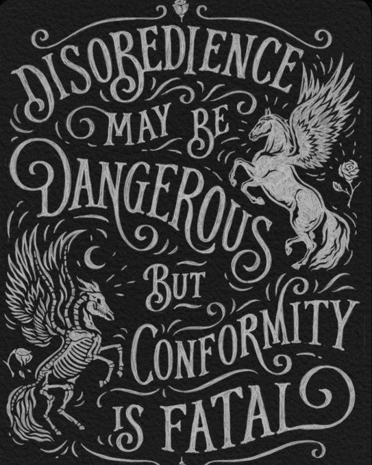 Black background with white text reading "DISOBEDIENCE MAY BE DANGEROUS BUT CONFORMITY IS FATAL" in ornate, cursive typography. Two winged horses: one Pegasus rearing on the left, one skeletal horse with wings on the right. Decorative elements include a crescent moon, rose, and swirling patterns.