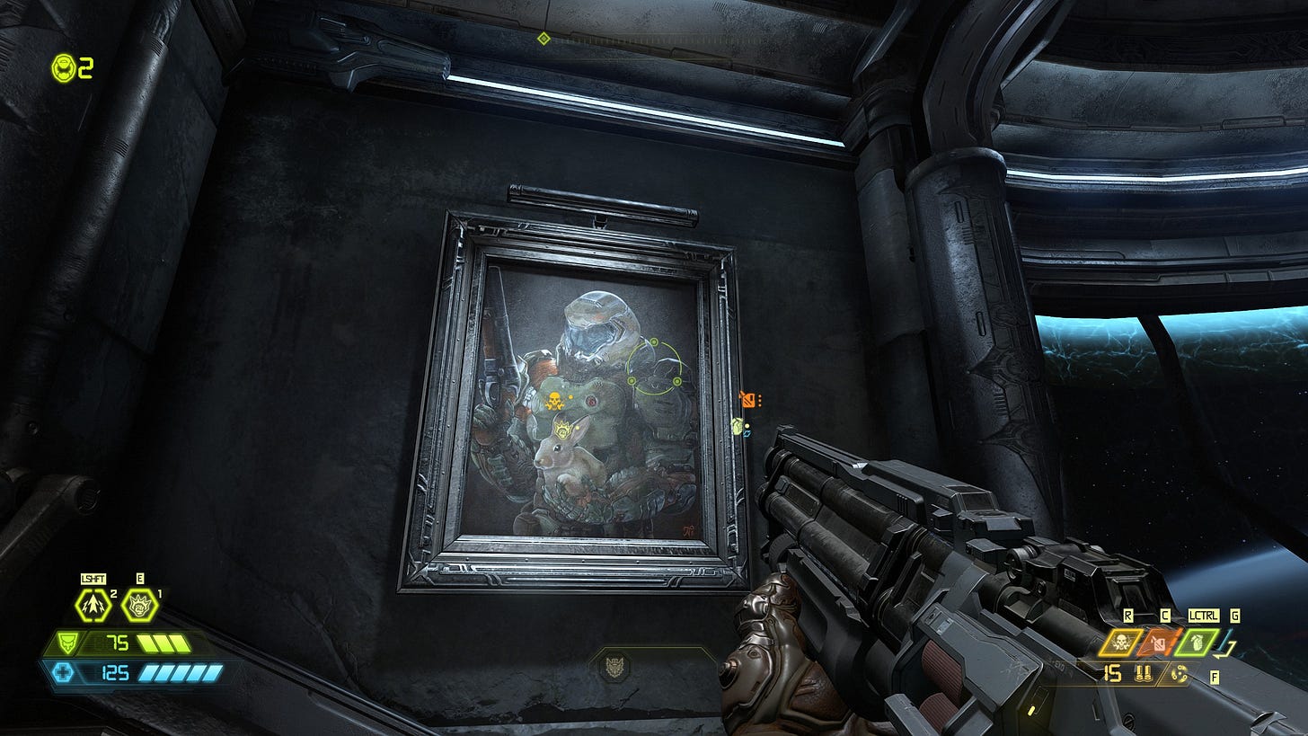 Doom Eternal screenshot. The player is focusing on a painted portrait of Doomguy with his pet rabbit.
