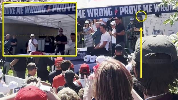 A split-view image of an outdoor event under a large white tent with a blue Prove Me Wrong banner on the side. In the left section, a group of people including men in dark shirts and a woman in a striped shirt stand near tables with red hats, some wearing red hats, against a blurred green background. In the right section, a close-up shows a man in a gray cap and dark shirt facing away, with a white van partially visible behind a crowd, annotations with yellow circles and red arrows pointing to the van and people, and a woman in a striped shirt in the foreground.