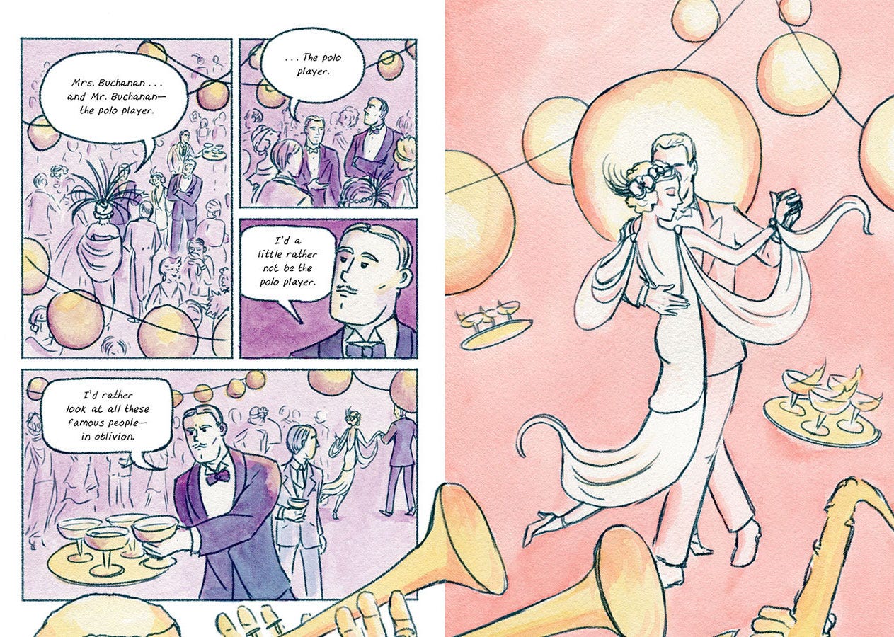 K. Woodman-Maynard's graphic novel adaptation of The Great Gatsby from Candlewick Press based on the book by F. Scott Fitzgerald.