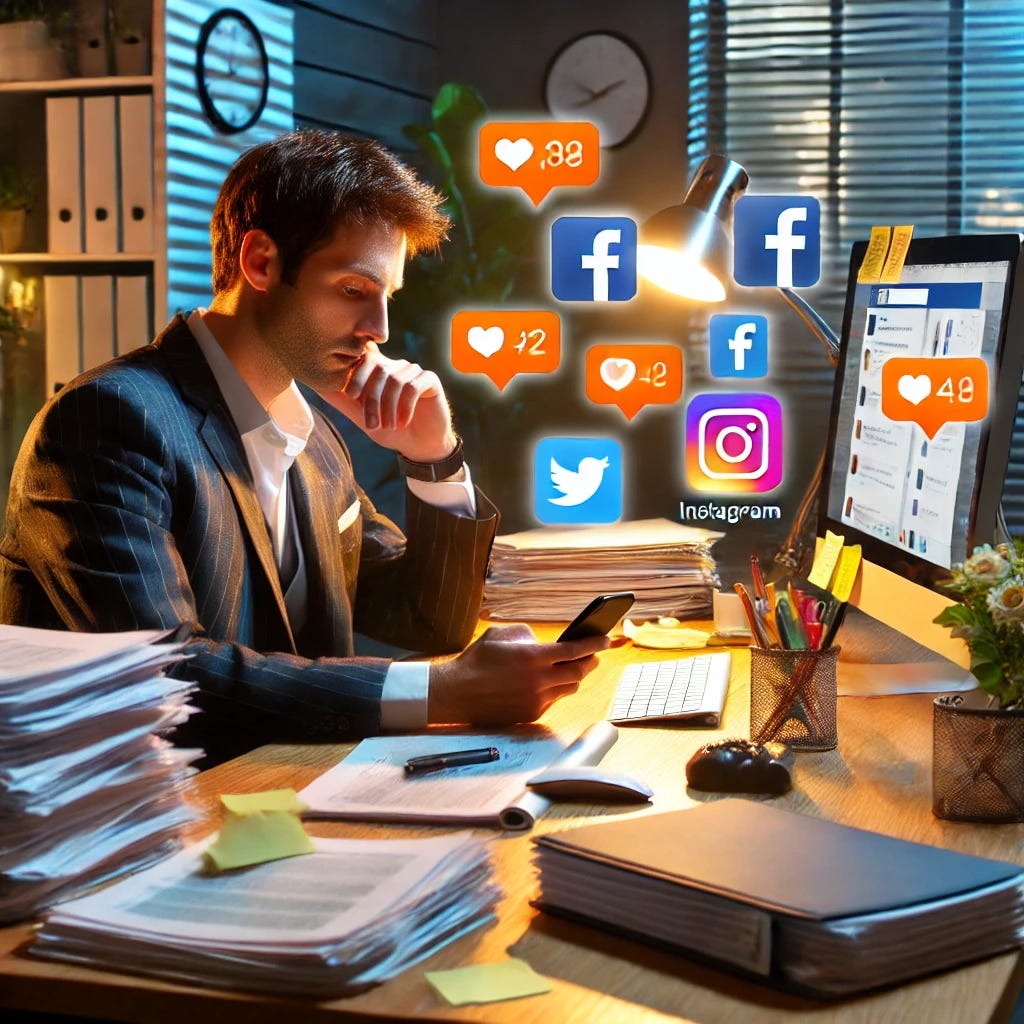 A professional sitting at their office desk, surrounded by work papers, a computer, and files, but constantly checking their phone and distracted by social media apps. The phone screen shows bright icons for Facebook, Instagram, and Twitter. The professional looks tired and stressed, with unfinished work piling up in the background. The room has modern decor, but the focus is on the glowing screens and notifications, emphasizing the overwhelming amount of time spent on social media. The scene conveys a sense of digital overload and procrastination.
