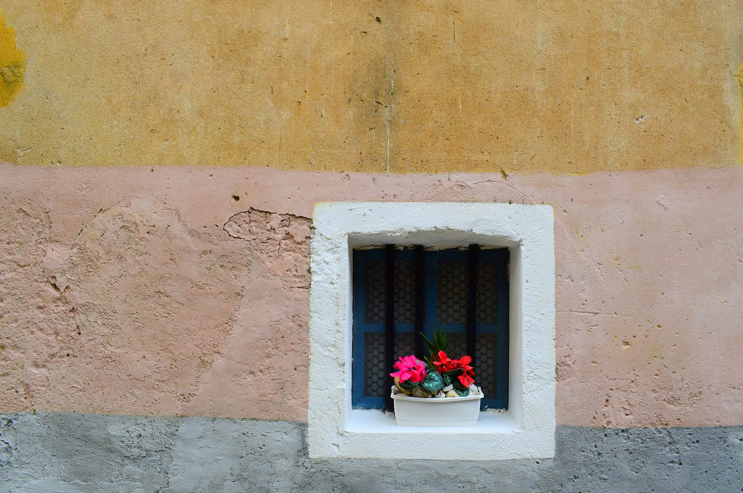 Photo of a small pot of beautiful flowers in a tiny window of a wall Photo of a small pot of beautiful flowers in a tiny window of a wall