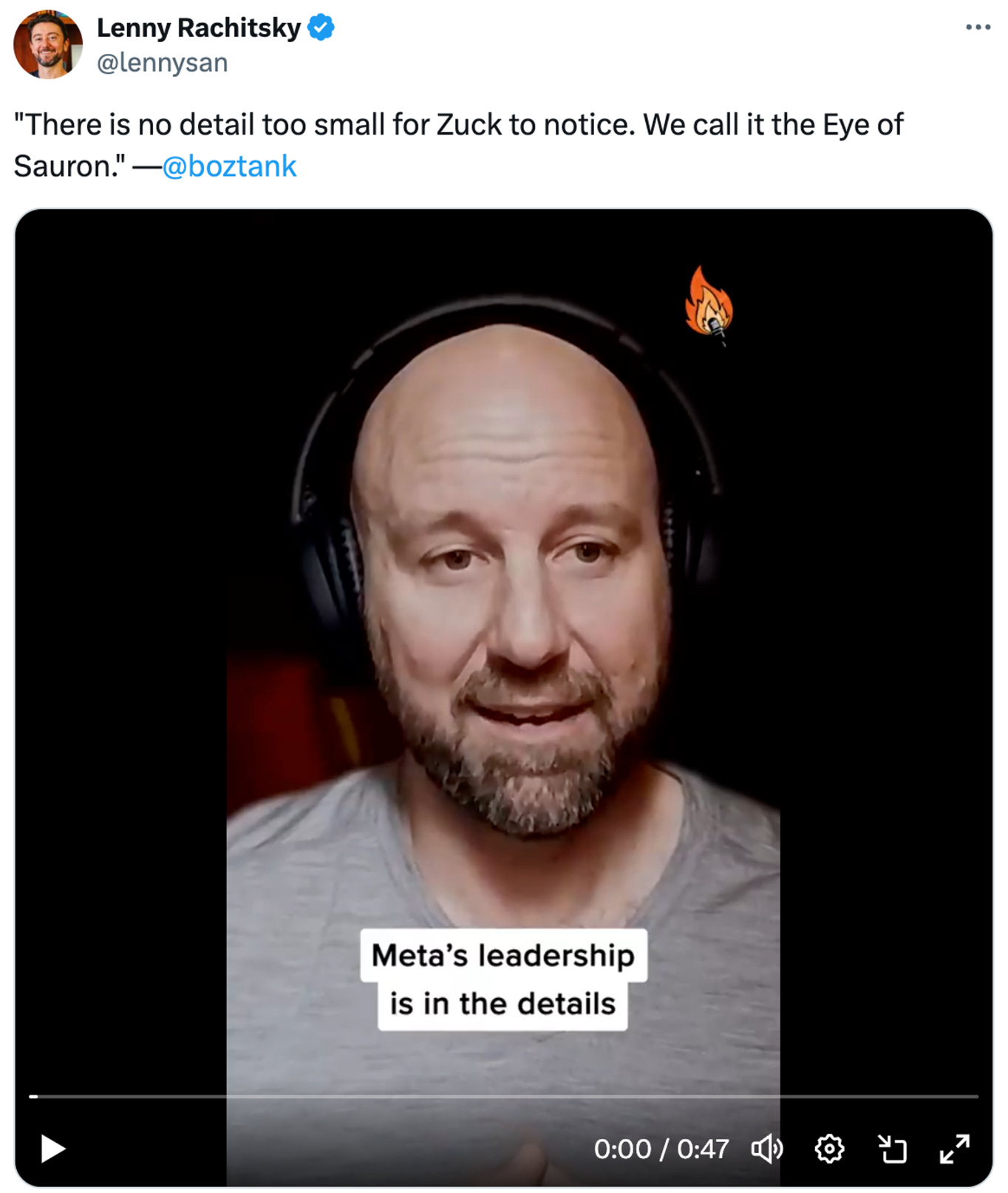 Tweet from @lennysan: "There is no detail too small for Zuck to notice. We call it the Eye of Sauron." —@boztank