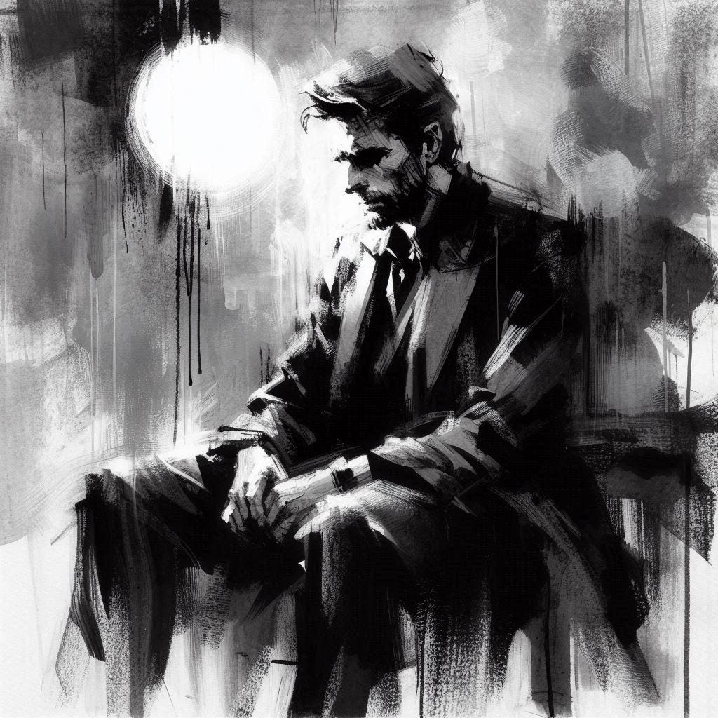 Depressed man in black and white ink and gouache style