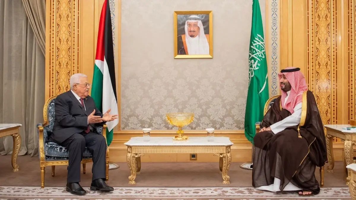 Saudi Arabia’s Crown Prince Mohammed bin Salman meets with Palestinian President Mahmoud Abbas in Riyadh