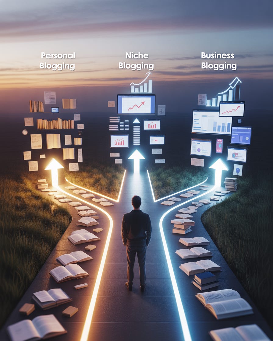What are the 3 types of blogging visual showing personal blogging, niche blogging, and business blogging paths for income and growth What are the 3 types of blogging visual showing personal blogging, niche blogging, and business blogging paths for income and growth
