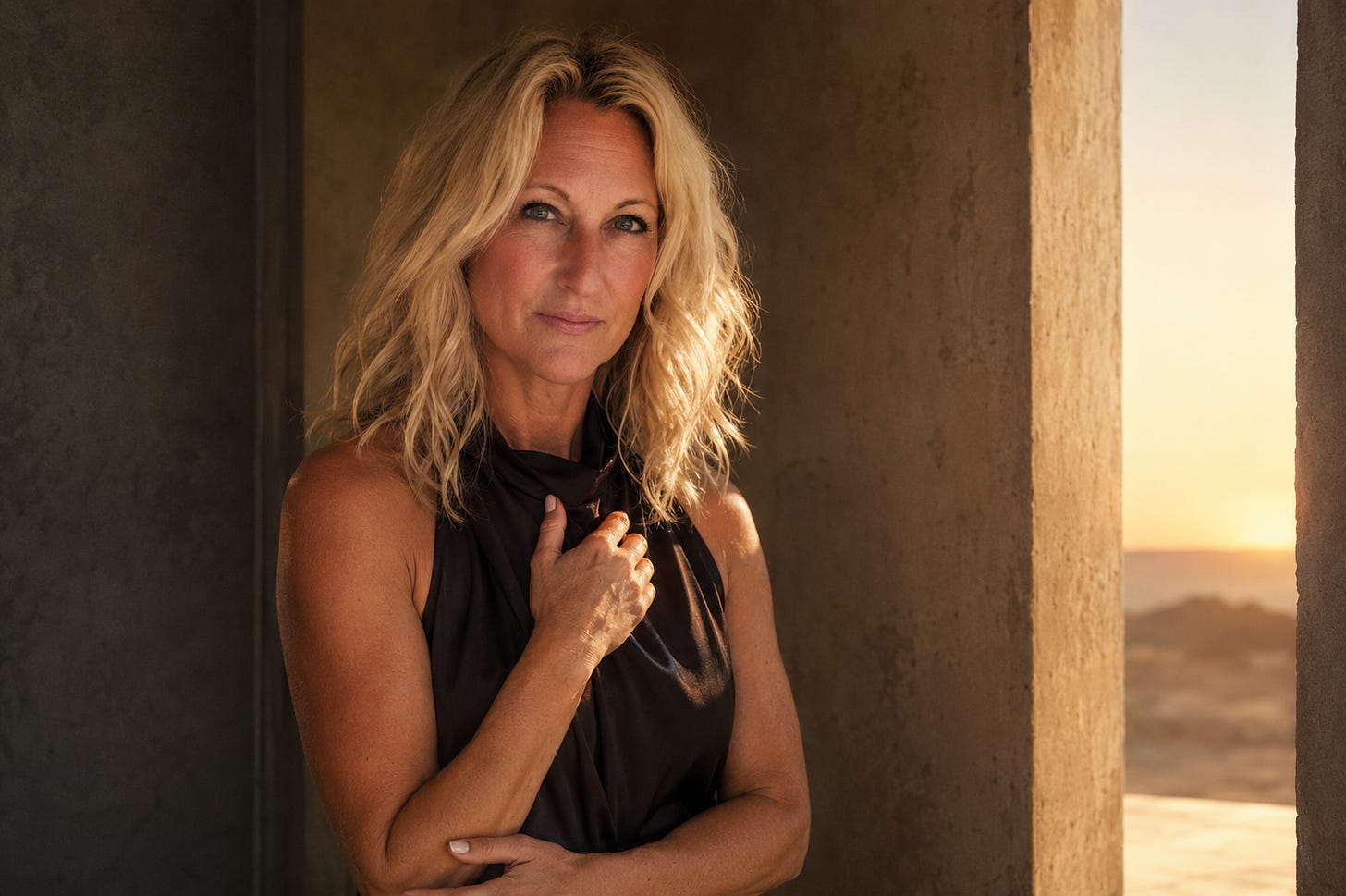 Blonde woman with hand on her chest with a direct gaze that communicates caring deeply and not wanting to close her heart.