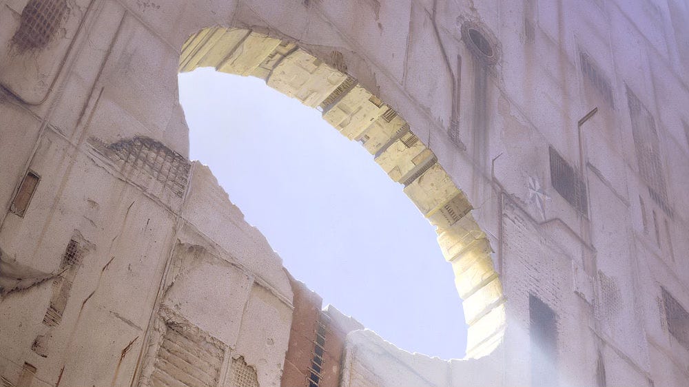 Light slants down through a circular opening set in a massive stone wall. The perspective is low angle and off-center to present the scale of the environment to dizzying effect. The surface of the facade, worn by ages, is pale textured concrete. Details of rectangular panels vary throughout to provide endless visual interest. 