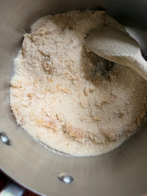 first photo shows mostly dry sugar with some lumps, second photo is an amber liquid with large crystallised lumps, third photo is a smooth amber caramel.