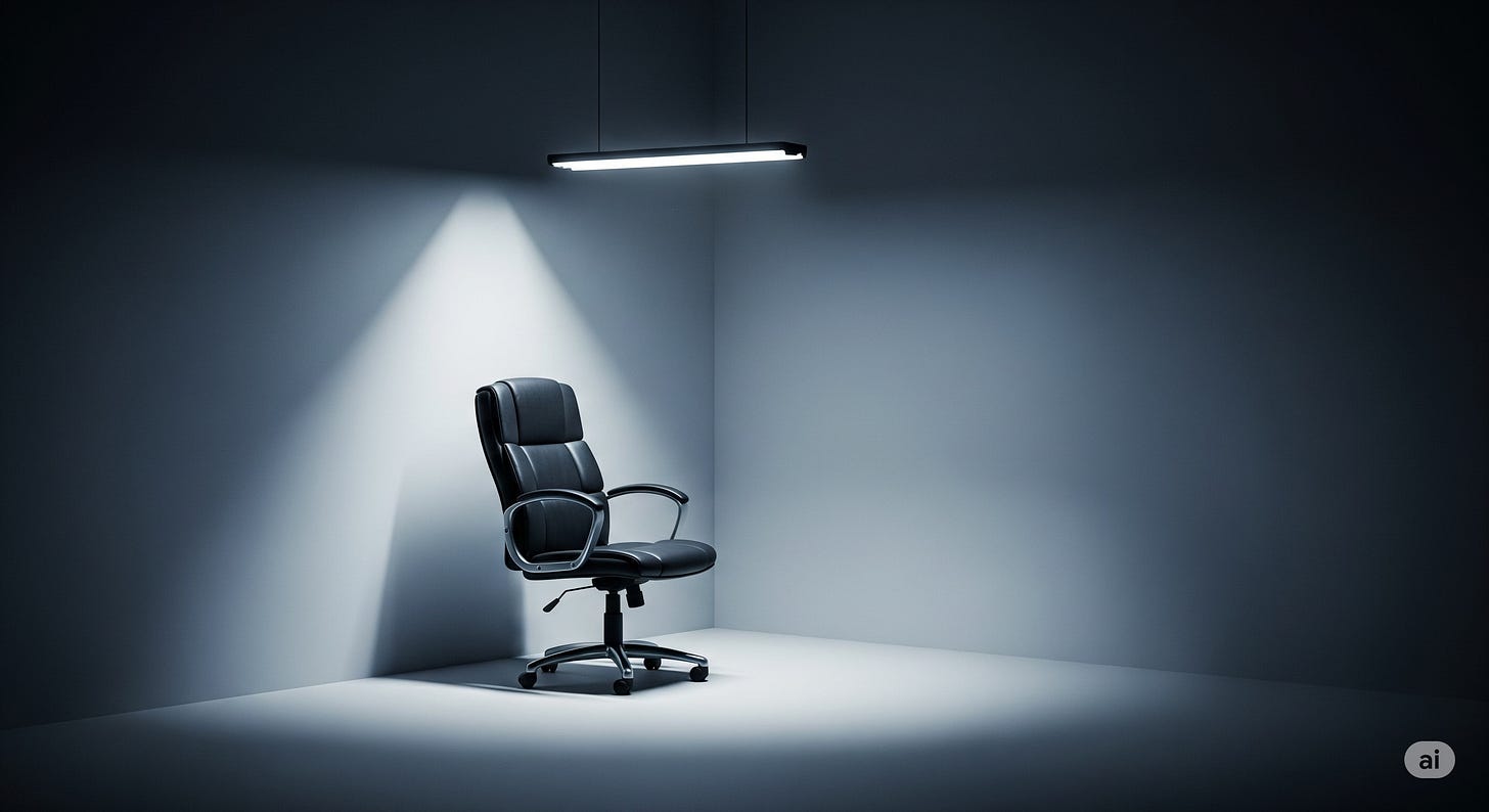 An empty black office chair sits alone in the corner of a stark, empty room, illuminated by a harsh light from the side that casts a long shadow. An empty black office chair sits alone in the corner of a stark, empty room, illuminated by a harsh light from the side that casts a long shadow.