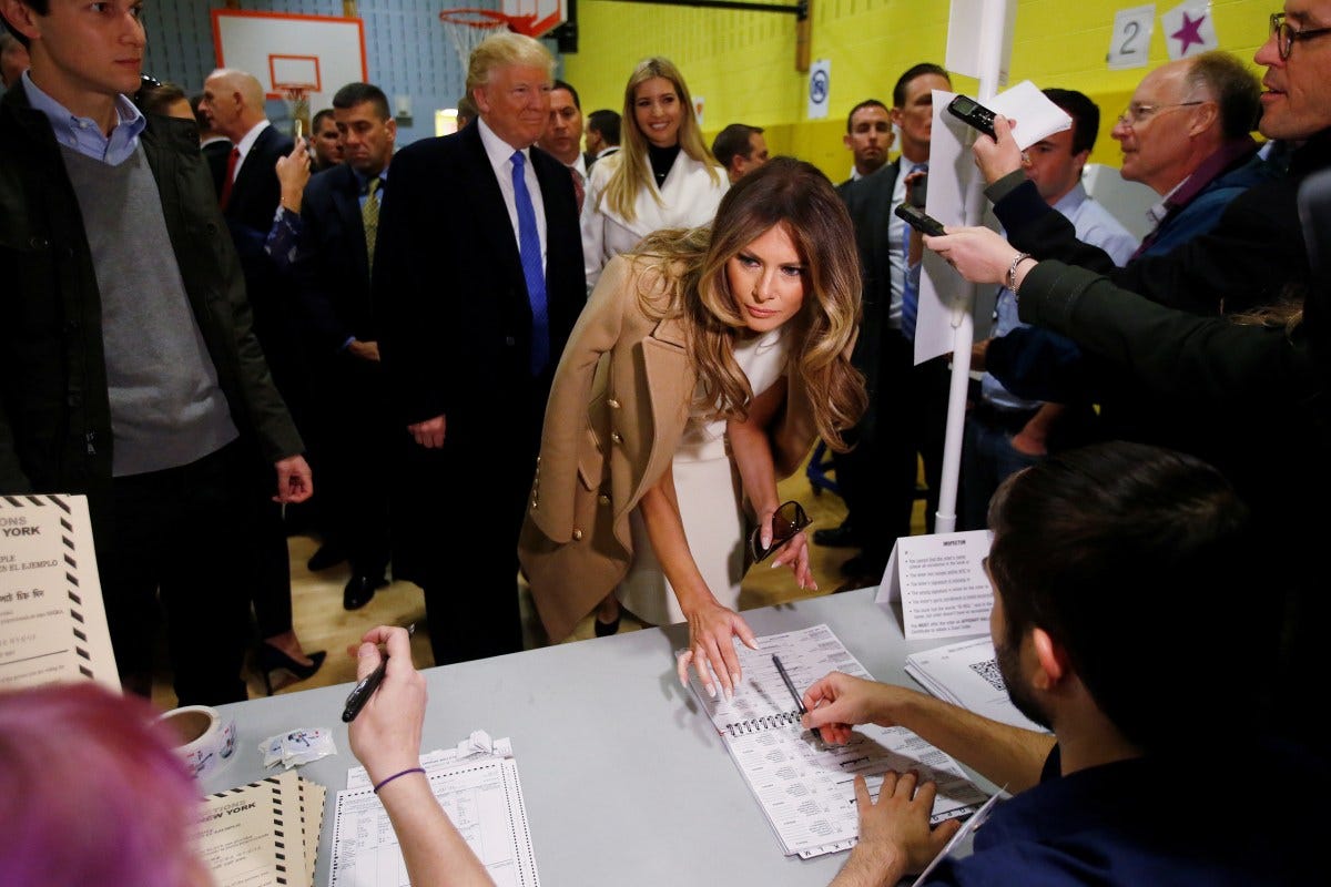 Melania Trump signs her name before casting her vote at PS 59 in New York, November 8, 2016. Melania Trump signs her name before casting her vote at PS 59 in New York, November 8, 2016.