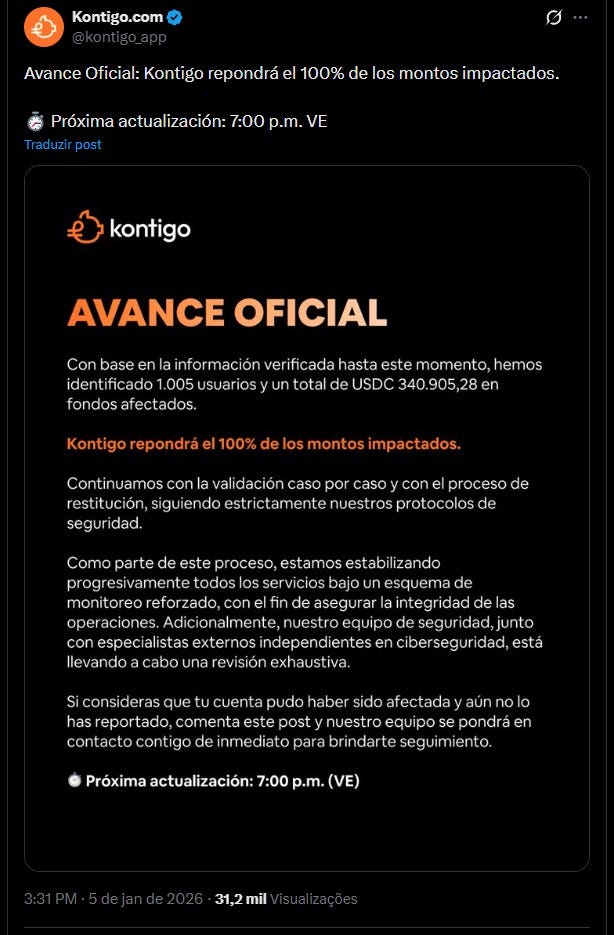 Kontigo, startup de criptomoedas que opera na América Latina, revela ter sido alvo de ataque hacker. Fonte: X. Kontigo, startup de criptomoedas que opera na América Latina, revela ter sido alvo de ataque hacker. Fonte: X.