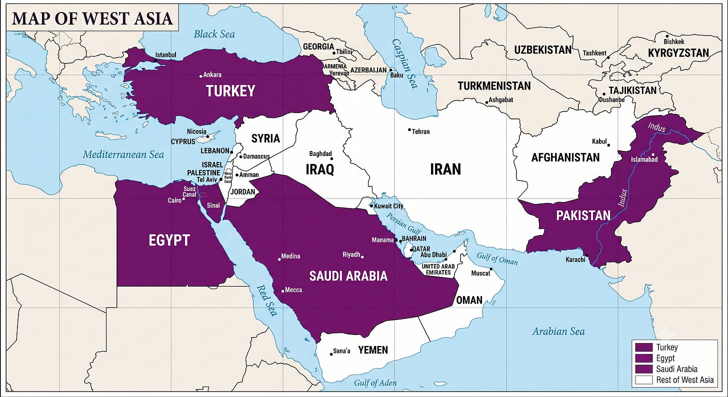 Map of West Asia showing Turkey, Egypt, Saudi Arabia and Pakistan as an alliance Map of West Asia showing Turkey, Egypt, Saudi Arabia and Pakistan as an alliance