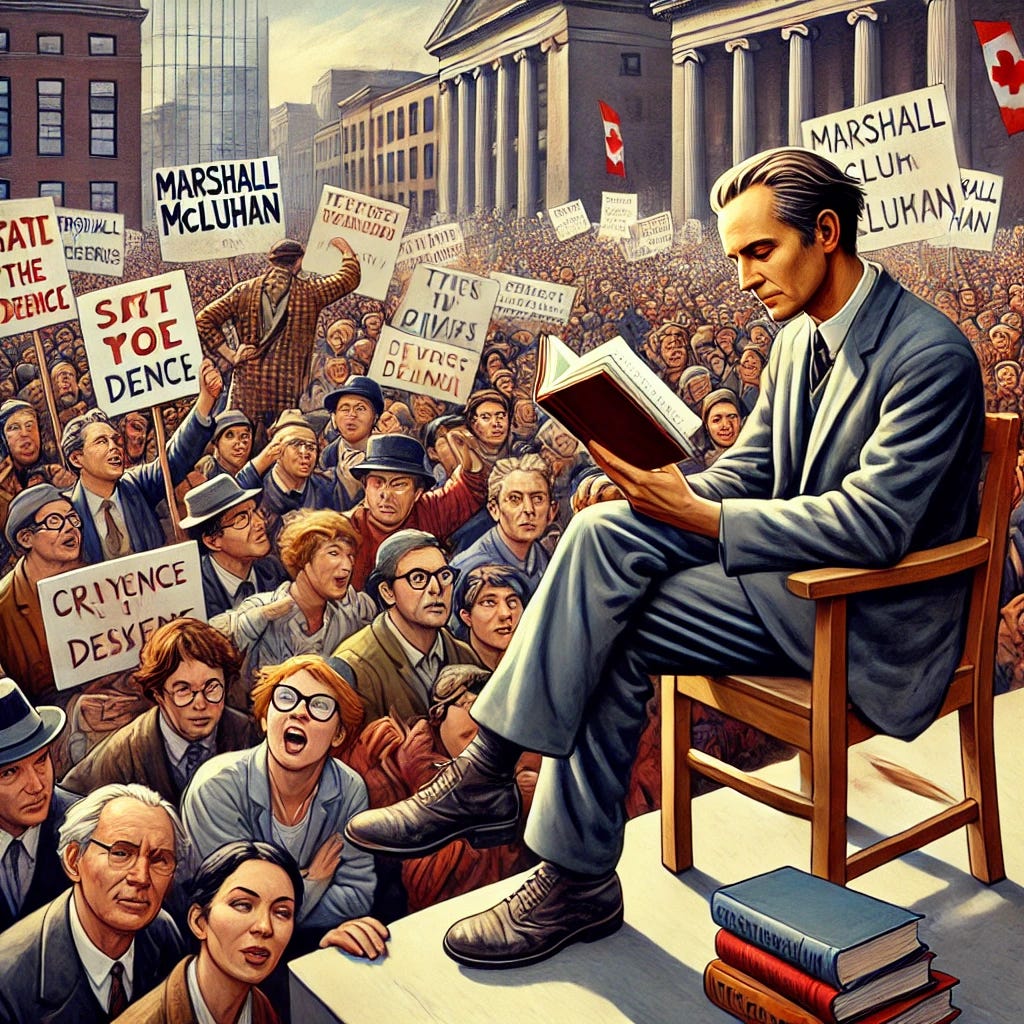 A digital painting of Marshall McLuhan reading a book calmly while a large crowd protests against him. The crowd holds signs and banners with slogans criticizing his ideas. The setting is an urban environment, possibly a university campus, with a mix of modern and older architecture. McLuhan appears undisturbed, sitting on a bench or chair, absorbed in his book, while the protesters passionately express their disagreement. The scene is dynamic, with varied expressions of anger, debate, and intellectual engagement.