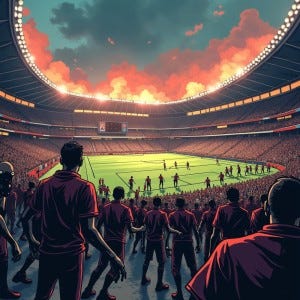 A Gen Z zombie horde attacking a traditional sports stadium