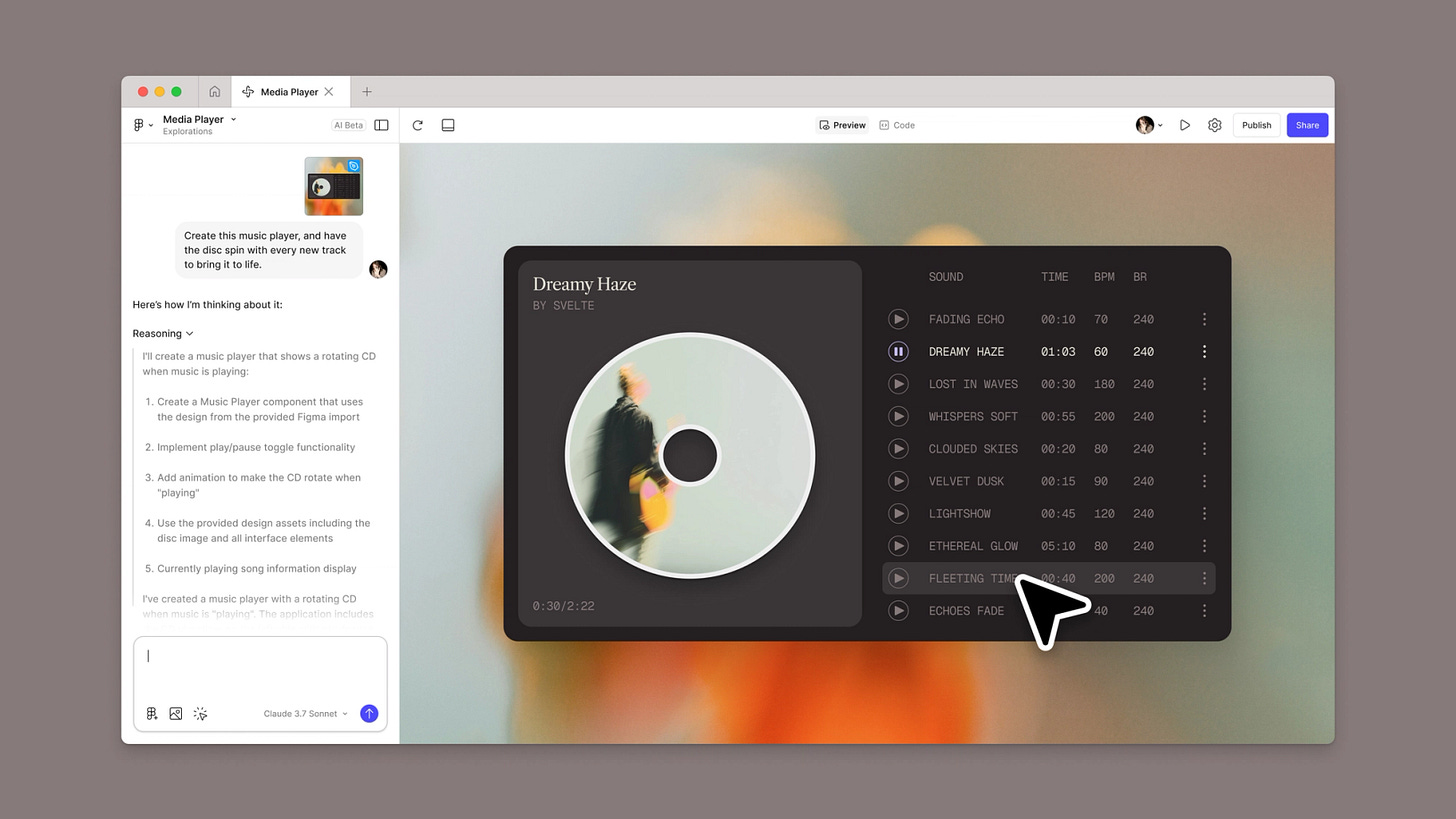 A chatbox reads, “Create this music player, and have the disc spin with every new track to bring it to life.” On the right, a CD is displayed next to a tracklist.