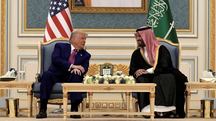 Donald Trump with Mohammed bin Salman in gaudy, gold-appointed rooms