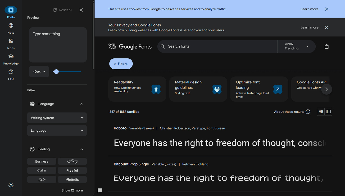 Snímek úvodní obrazovky webu Google Fonts Snímek úvodní obrazovky webu Google Fonts