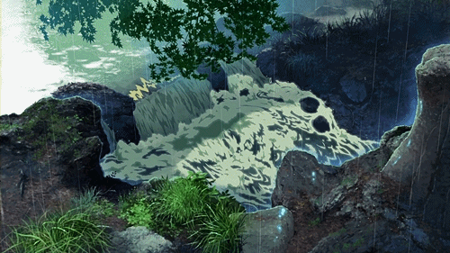 gif animado com um rio escorrendo em uma pequena cachoeira cercada de verde, debaixo de chuva