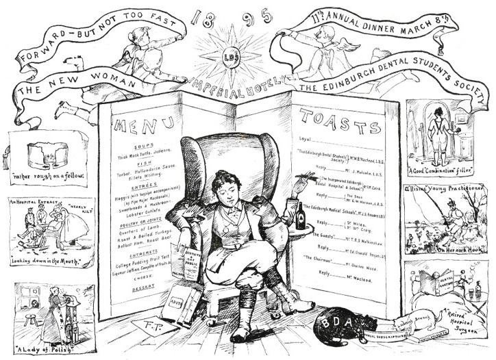 A drawing centring on the seated figure of a woman in a large armchair. She wears a fitted bodice, jacket and breeches with boots. She is smoking a cigar and there is a bottle of beer on the table next to her. Behind her are details of a menu for a celebration dinner. Around the edges of the page are small cartoons showing aspects of medical student life. A drawing centring on the seated figure of a woman in a large armchair. She wears a fitted bodice, jacket and breeches with boots. She is smoking a cigar and there is a bottle of beer on the table next to her. Behind her are details of a menu for a celebration dinner. Around the edges of the page are small cartoons showing aspects of medical student life.