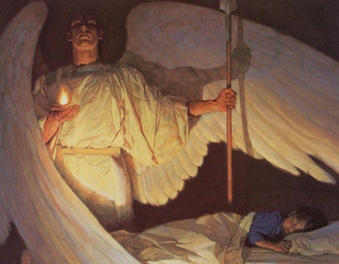 First image shows two nude ethereal figures with wings emerging from swirling orange and purple clouds in a sunset sky, one male with white hair holding a dark orb and the other female reaching out, set against a rainy landscape with distant cypress trees and orange hills. Second image depicts a tall angelic male figure in flowing white robes holding a lit candle in one hand and a spear in the other, standing beside a bed where a small child in blue pajamas sleeps peacefully under white sheets in a dimly lit room.