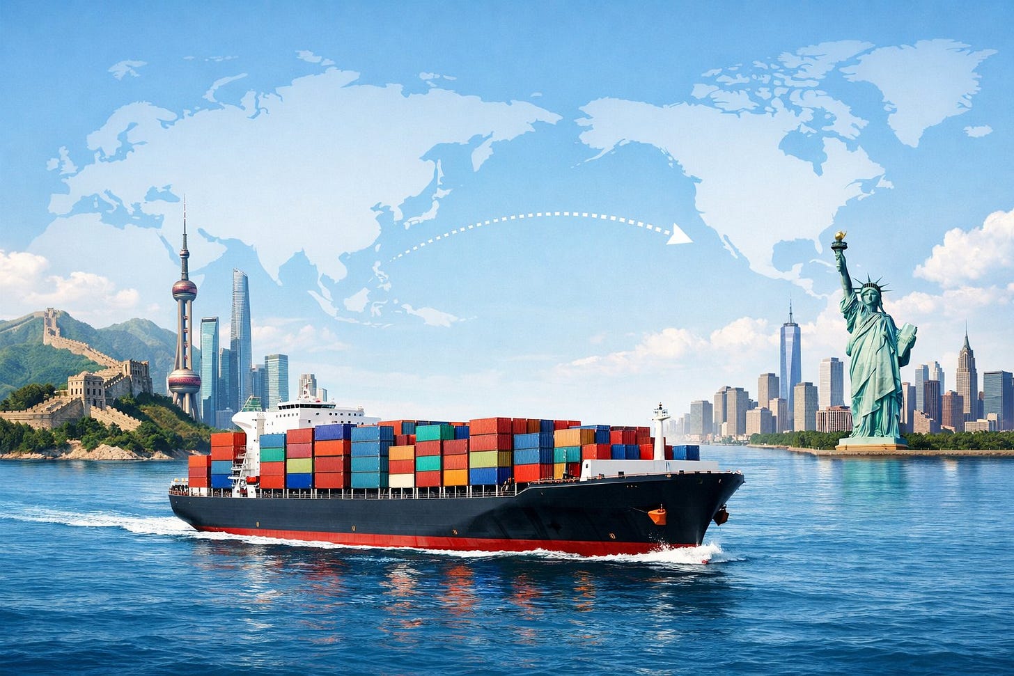 A cargo ship carrying containers sailing across the ocean between China and the United States, with landmarks from both countries visible on either side and a route indicated on a map in the background. A cargo ship carrying containers sailing across the ocean between China and the United States, with landmarks from both countries visible on either side and a route indicated on a map in the background.