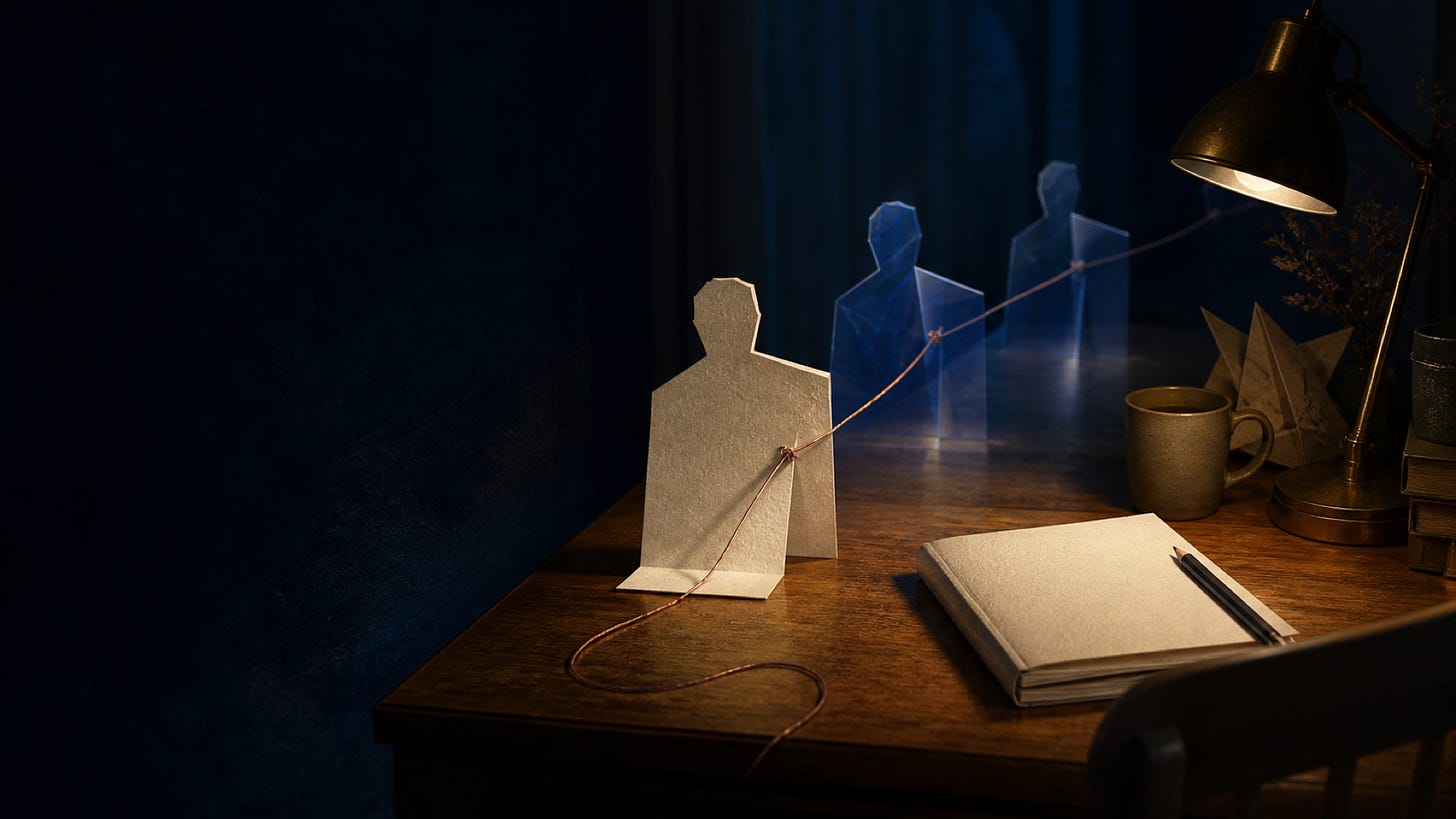 A paper figure on a desk surrounded by a notebook, pen, mug, lamp, books, and origami figures.