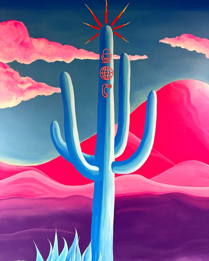 Detail shots from Pato’s mural showing a saguaro cactus emitting neon signal bolts and a close-up of typewriter keys marked with blood, evoking themes of communication, sacrifice, and journalistic truth.