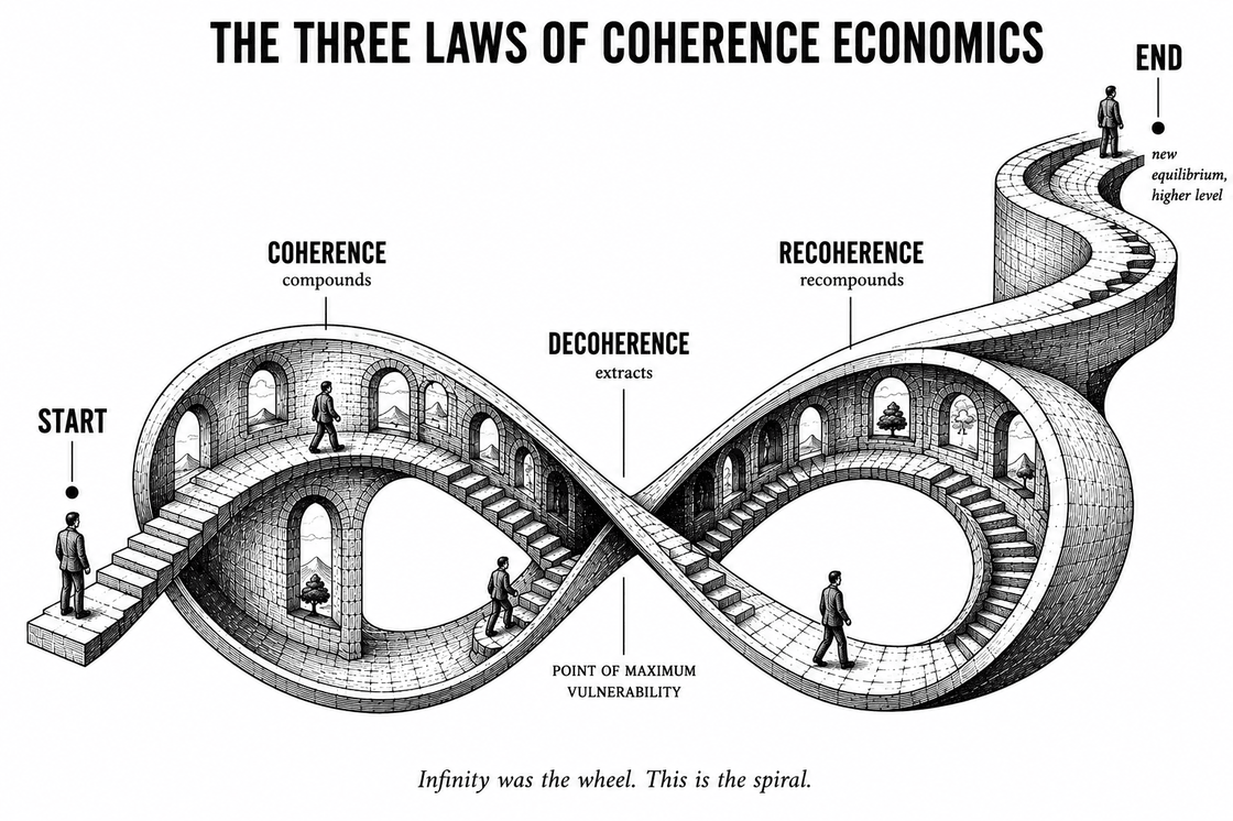 A figure walks an infinity-shaped stairway of stone archways. Coherence compounds on the rising left loop, decoherence extracts at the narrow crossing in the center, and recoherence recompounds on the right loop, which climbs out and ends higher than it began.