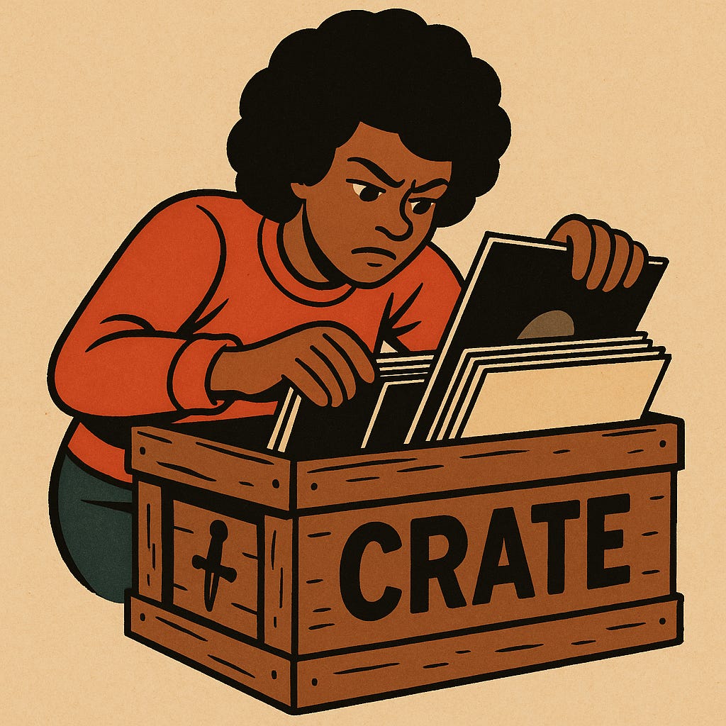 Illustration of a person with short curly hair leaning over a wooden crate labeled “CRATE,” flipping through a stack of vinyl records. The person appears focused, pulling one record forward while scanning others inside the box.