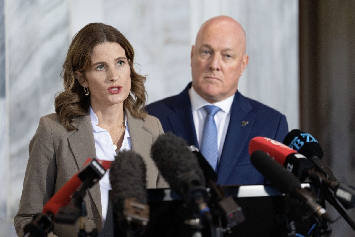 Finance Minister Nicola Willis and Prime Minister Christopher Luxon at a press conference.