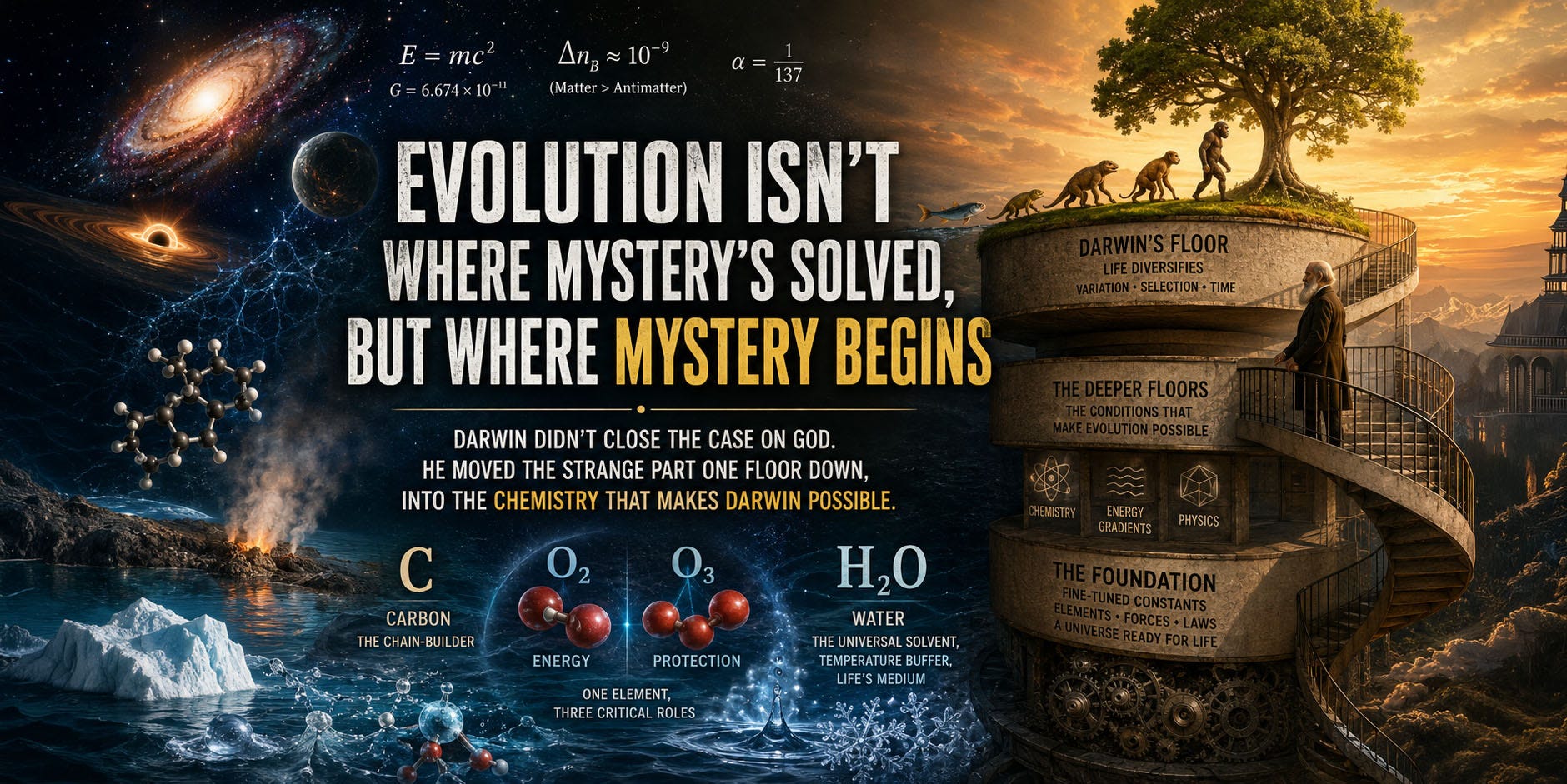 evolution, cosmology, and the origins of life. On the left, galaxies, planets, equations, carbon molecules, water, ice, and hydrothermal vents emerge from a cosmic backdrop. Large central text reads, “Evolution Isn’t Where Mystery’s Solved, But Where Mystery Begins.” On the right, a spiral, multi-level structure symbolizes layers of explanation beneath evolution, with Charles Darwin standing on a staircase overlooking tiers labeled with concepts such as chemistry, physics, energy gradients, and fine-tuned constants. Along the top level, a sequence of evolving life forms walks beneath a large tree. The image visually argues that evolution explains biological development while deeper mysteries remain in the underlying chemistry and physics that make life possible. evolution, cosmology, and the origins of life. On the left, galaxies, planets, equations, carbon molecules, water, ice, and hydrothermal vents emerge from a cosmic backdrop. Large central text reads, “Evolution Isn’t Where Mystery’s Solved, But Where Mystery Begins.” On the right, a spiral, multi-level structure symbolizes layers of explanation beneath evolution, with Charles Darwin standing on a staircase overlooking tiers labeled with concepts such as chemistry, physics, energy gradients, and fine-tuned constants. Along the top level, a sequence of evolving life forms walks beneath a large tree. The image visually argues that evolution explains biological development while deeper mysteries remain in the underlying chemistry and physics that make life possible.