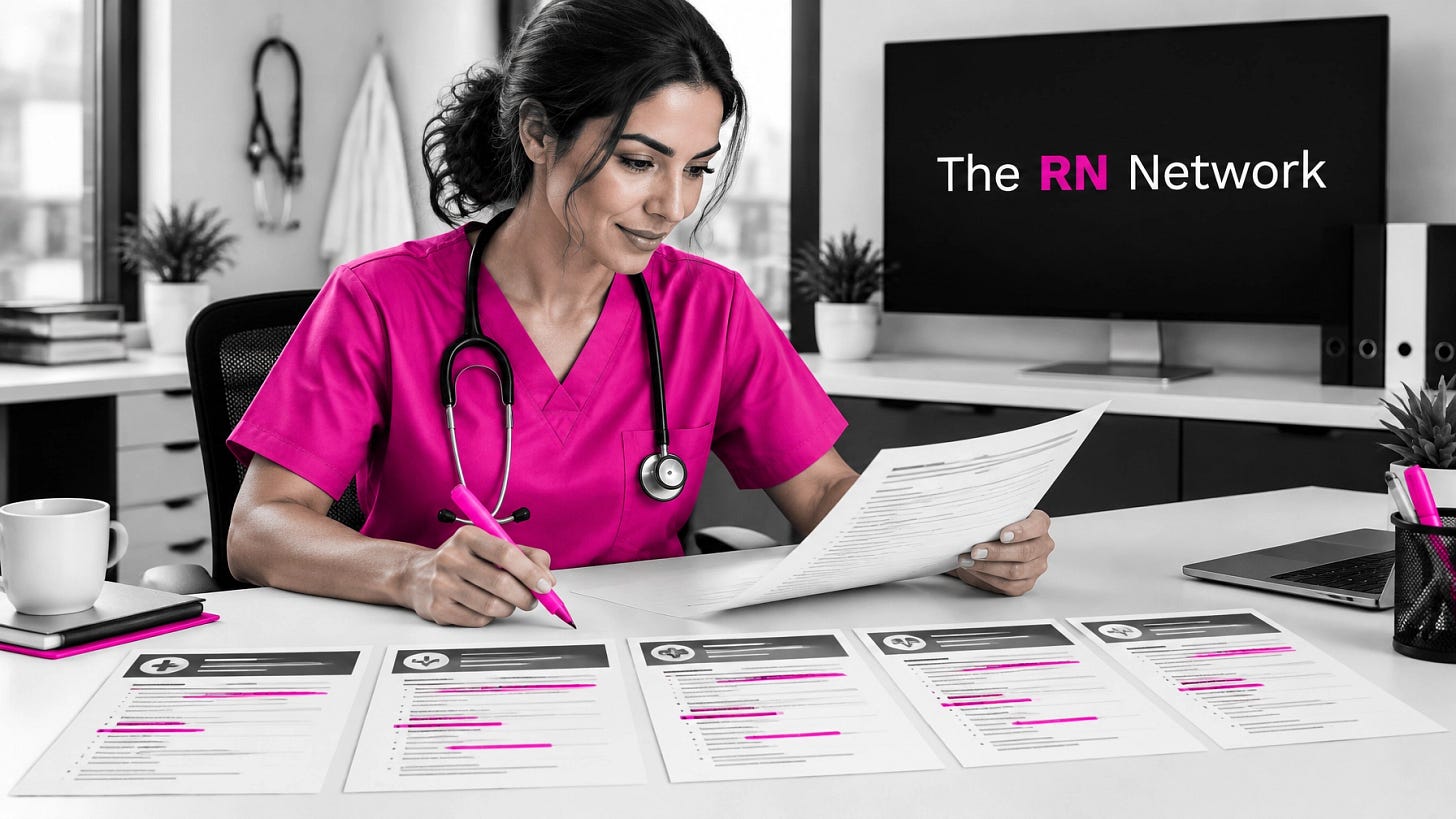 A nurse leader in neutral scrubs coaching nurses in a modern hospital conference area