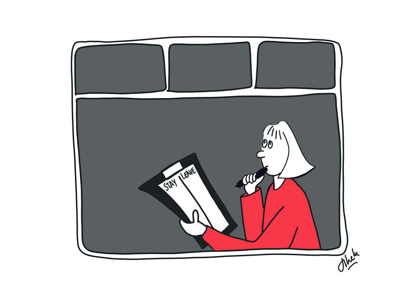 Woman in red jumper in train making a Stay or Leave list