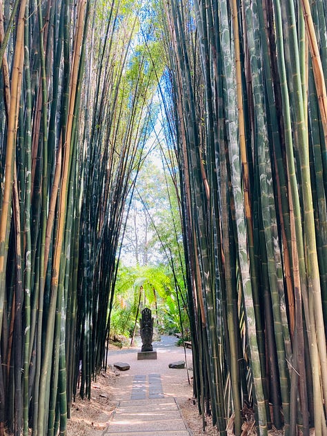 Six photos of an Asian temple, gardens, bamboo, buddha and prayer wheels.