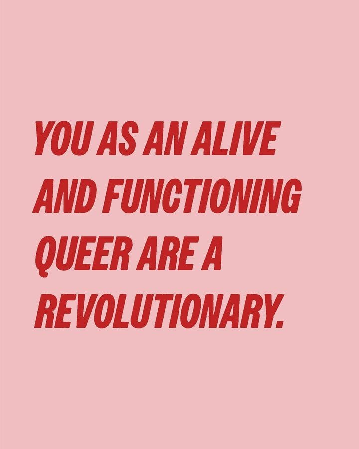 This may contain: the words you as an alive and functioning queen are a revolution on pink background with red lettering