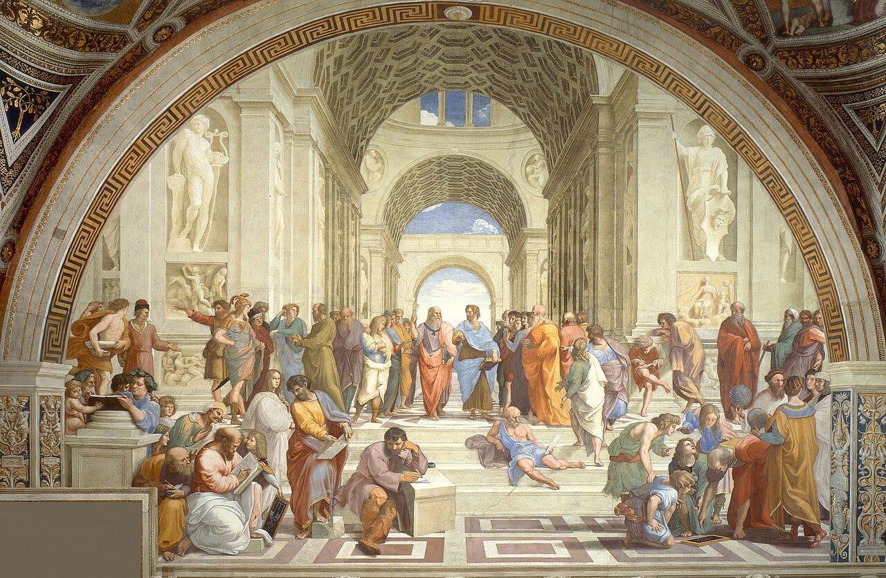 Ancient philosophers gathered in a vast vaulted hall Ancient philosophers gathered in a vast vaulted hall