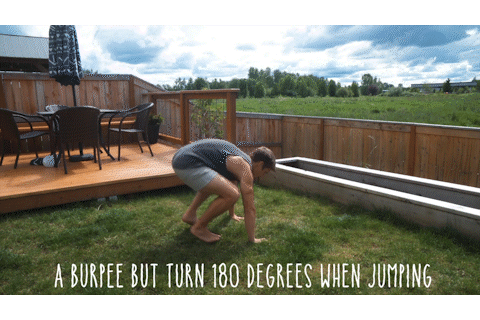 Brian demonstrates 180 degree burpees in his backyard. Brian demonstrates 180 degree burpees in his backyard.