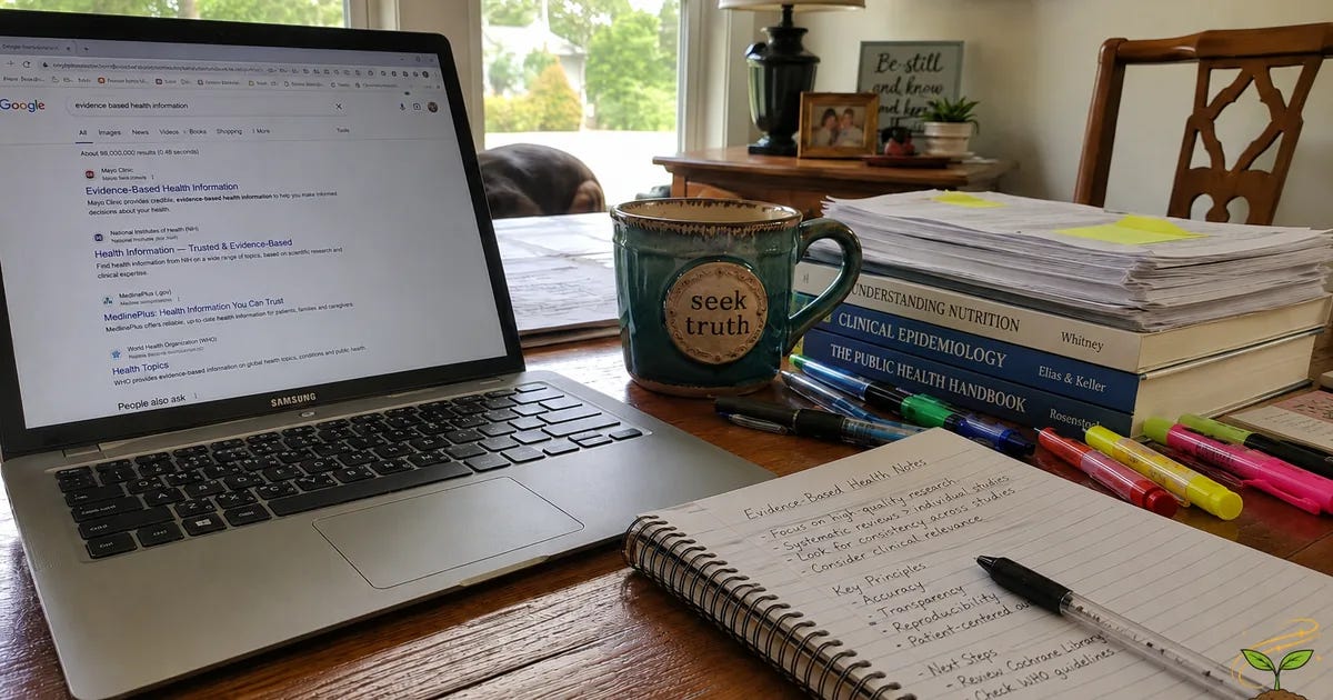A realistic home office desk with a laptop showing health research results, handwritten notes, books, pens, highlighters, a mug, and the AVFC logo in the bottom corner.