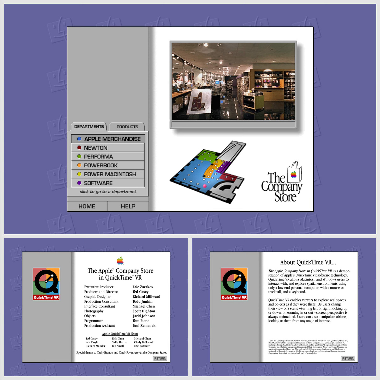 Three screenshots from The Company Store QuickTime VR tour.