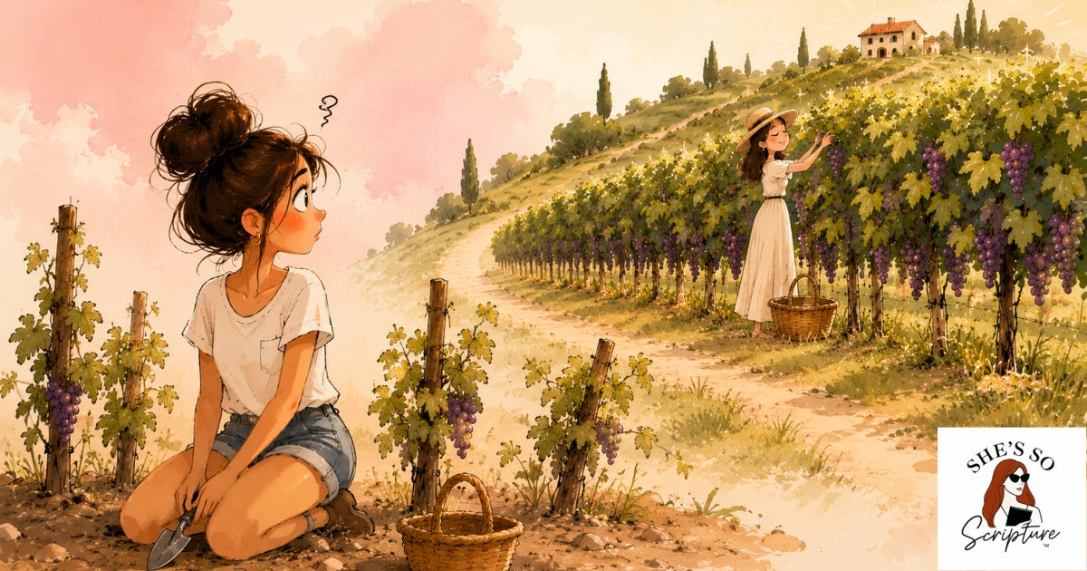 Watercolor illustration of a woman in a flowing dress kneeling in her own garden while glancing toward a neighboring garden, in blush pink, cream, and soft gray tones. Watercolor illustration of a woman in a flowing dress kneeling in her own garden while glancing toward a neighboring garden, in blush pink, cream, and soft gray tones.