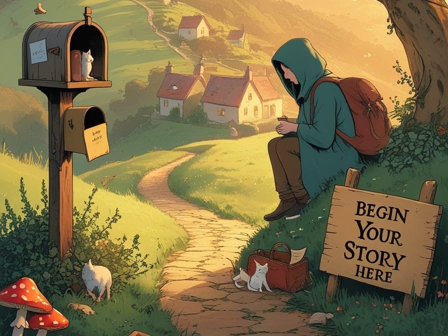 A warm, richly detailed scene capturing the heart of a cozy fantasy world: a gentle hilltop at golden hour, where a lone traveler — perhaps a cloaked herbalist or storyteller — pauses beside a winding path. Around them: signs of quiet life and magic — a leaning mailbox with glowing mushrooms at its base, a tree with wind-chimes and drying herbs, and a cobbled trail leading to a distant village nestled in soft hills. Floating lanterns drift above the rooftops, and strange birds circle lazily in the orange sky. The traveler's bag spills open slightly, revealing scrolls, teacups, and a small purring creature. A weathered wooden sign reads "Begin Your Story Here." The mood is hopeful, slow, and filled with endless narrative potential.

Full-color illustration in a painterly, soft-edged style inspired by illustrated fairy tale books and Ghibli backgrounds. Emphasis on organic forms, warm ambient lighting, and lived-in, slightly magical details. The aesthetic should feel like a blend of cozy cottagecore and high fantasy: no epic battles, just wonder, warmth, and curiosity. Textures should evoke hand-painted storybooks, with subtle lighting, expressive foliage, and enchanted rustic objects. Think Tove Jansson meets Arrietty meets storybook RPG box art. The overall composition should be clean and readable for a vertical 6x9 book cover, with space for title and subtitle in the upper third.