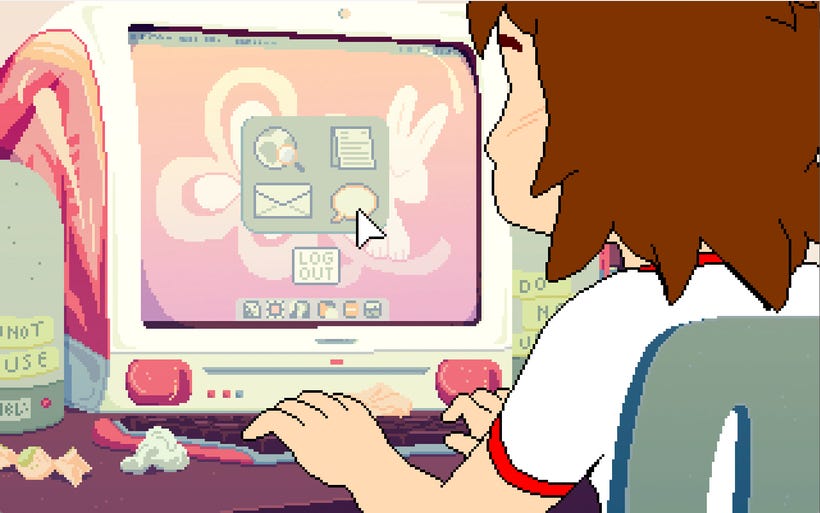 Mara types at an iMac from the early '00s