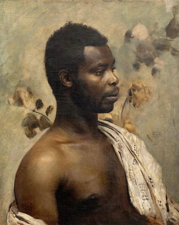 A long-lost but now found-again portrait of William Nii Nortey Dowuana, a noble Ga prince, by Gustav Klimt. Bare chested, he is wrapped in a ceremonial robe going across one shoulder and he gazes to the right so we can admire his profile.