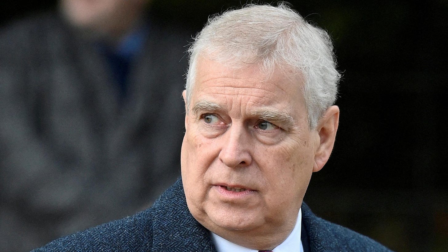 Andrew Mountbatten-Windsor attends the Royal Family's Christmas Day service at St. Mary Magdalene's church, as the Royals take residence at the Sandringham estate in eastern England. He has short grey hair and is wearing a dark overcoat and white shirt Andrew Mountbatten-Windsor attends the Royal Family's Christmas Day service at St. Mary Magdalene's church, as the Royals take residence at the Sandringham estate in eastern England. He has short grey hair and is wearing a dark overcoat and white shirt