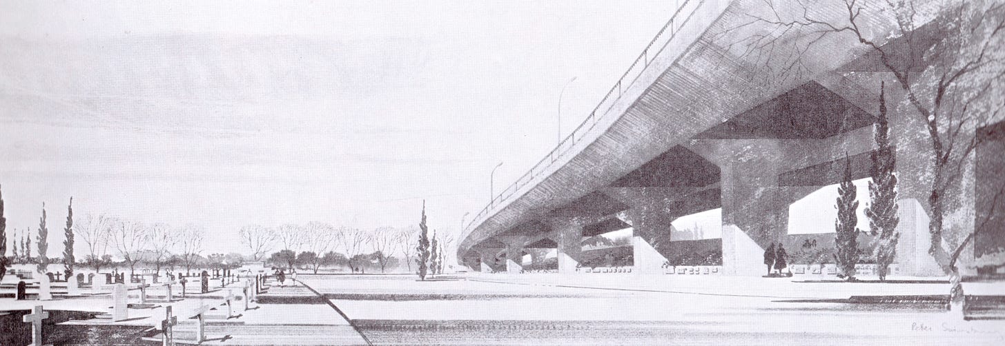 Charcoal sketch of a wide, flat cemetery, with gravestones and occasional trees on the left. To the right the picture is dominated by the presence of an enormous concrete motorway viaduct stretching away into the distance