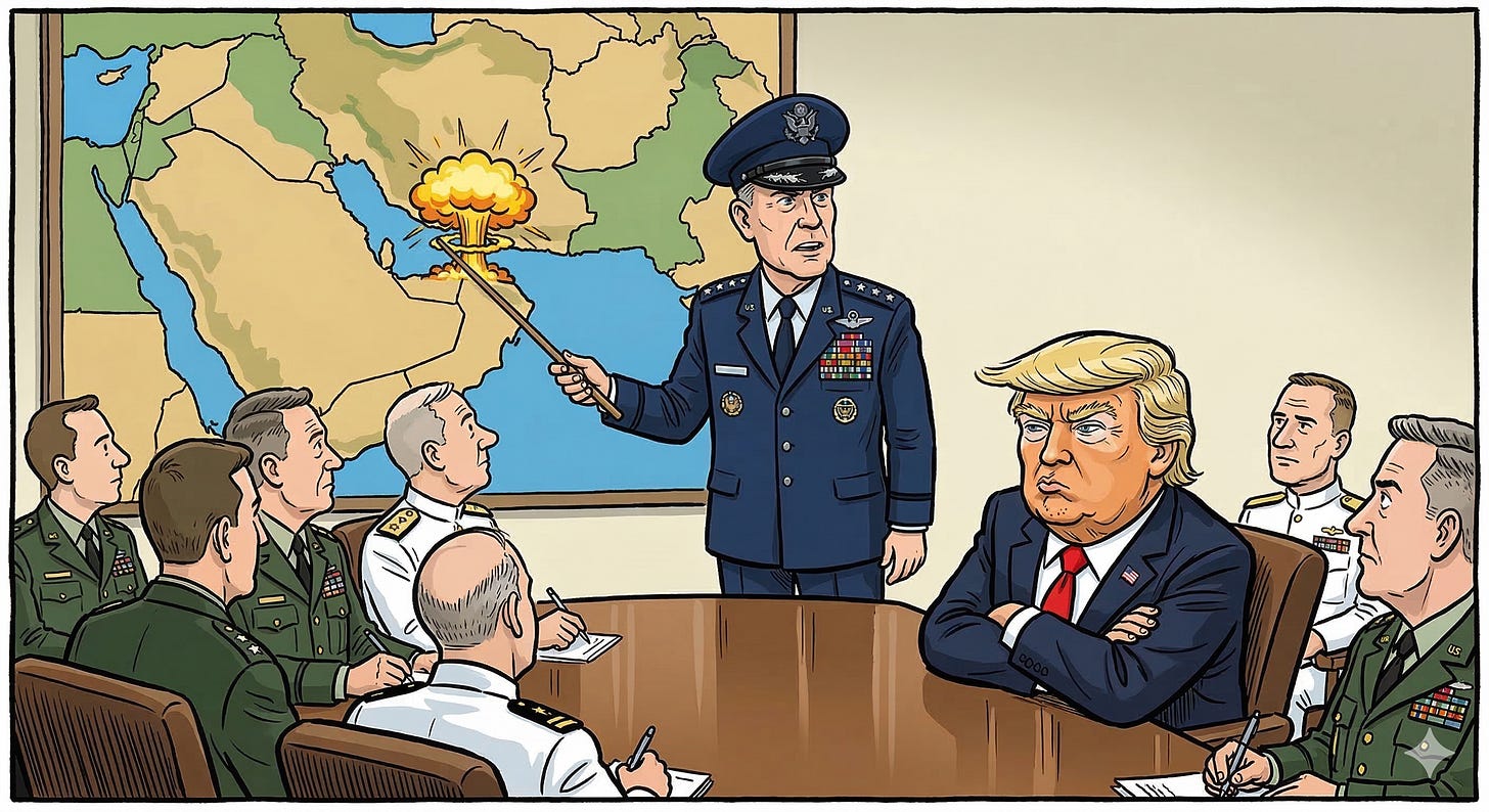 Cartoon image showing President Trump getting a military briefing showing the risks of explosions in the Hormuz Strait. 
