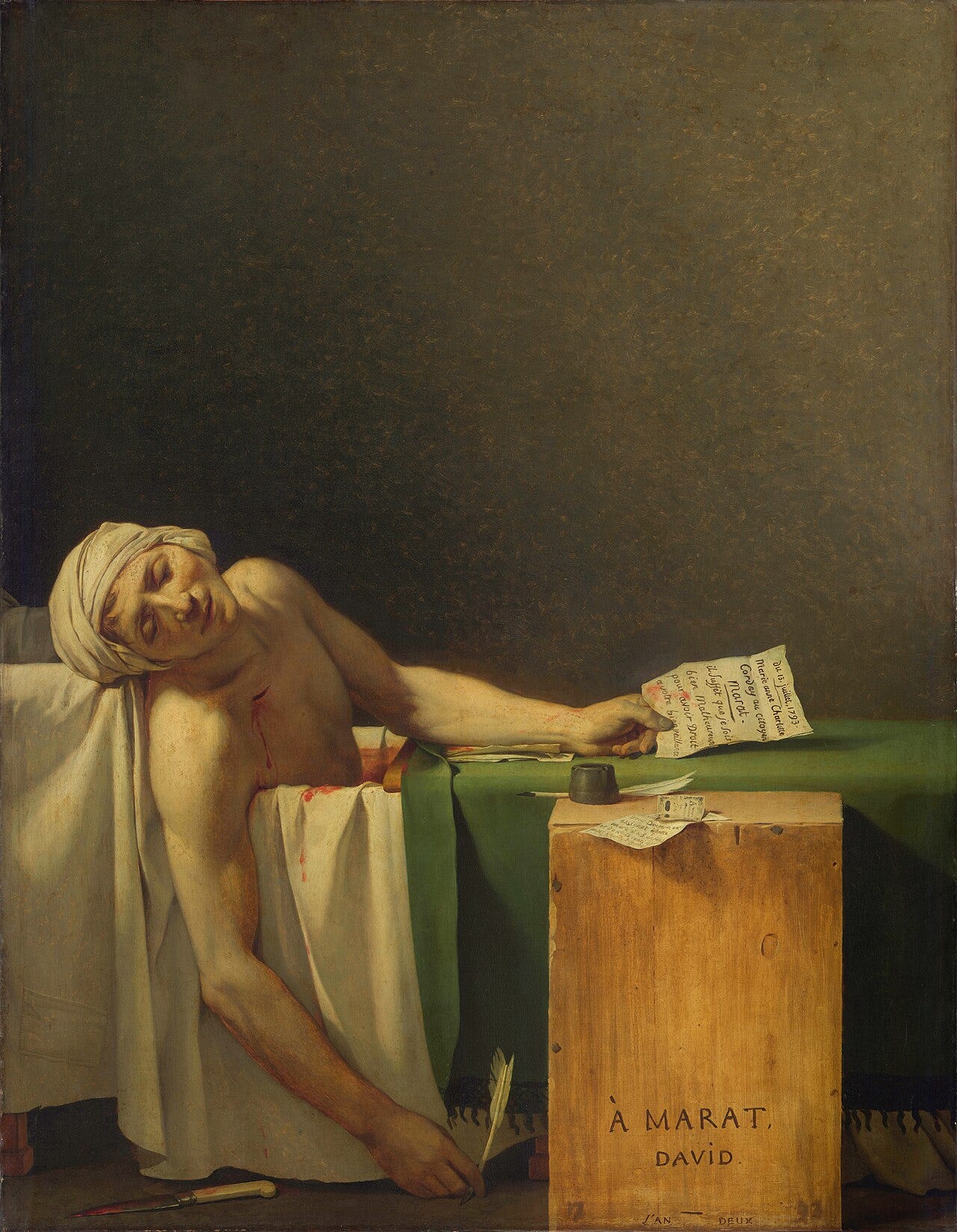 David's Death of Marat, the revolutionary slumped dead in his bathtub David's Death of Marat, the revolutionary slumped dead in his bathtub