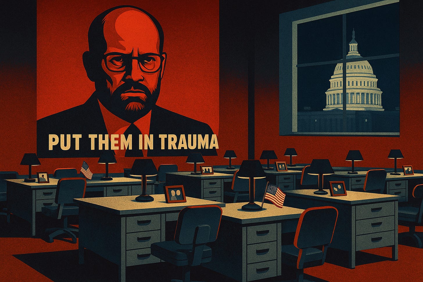 A grim image. A WPA-era style poster with Russ Vought in red, on a poster entitled "put them in trauma," overseeing desks in a government building that are empty. Through the window, the U.S. Capitol.