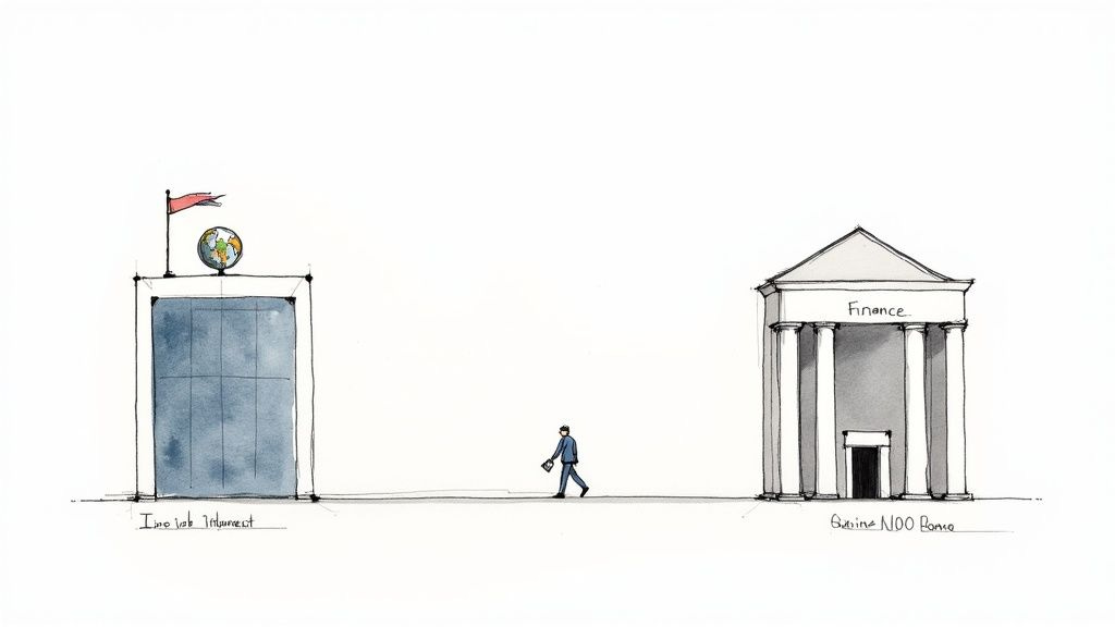 A man walks from global online job search represented by a globe to a finance building.